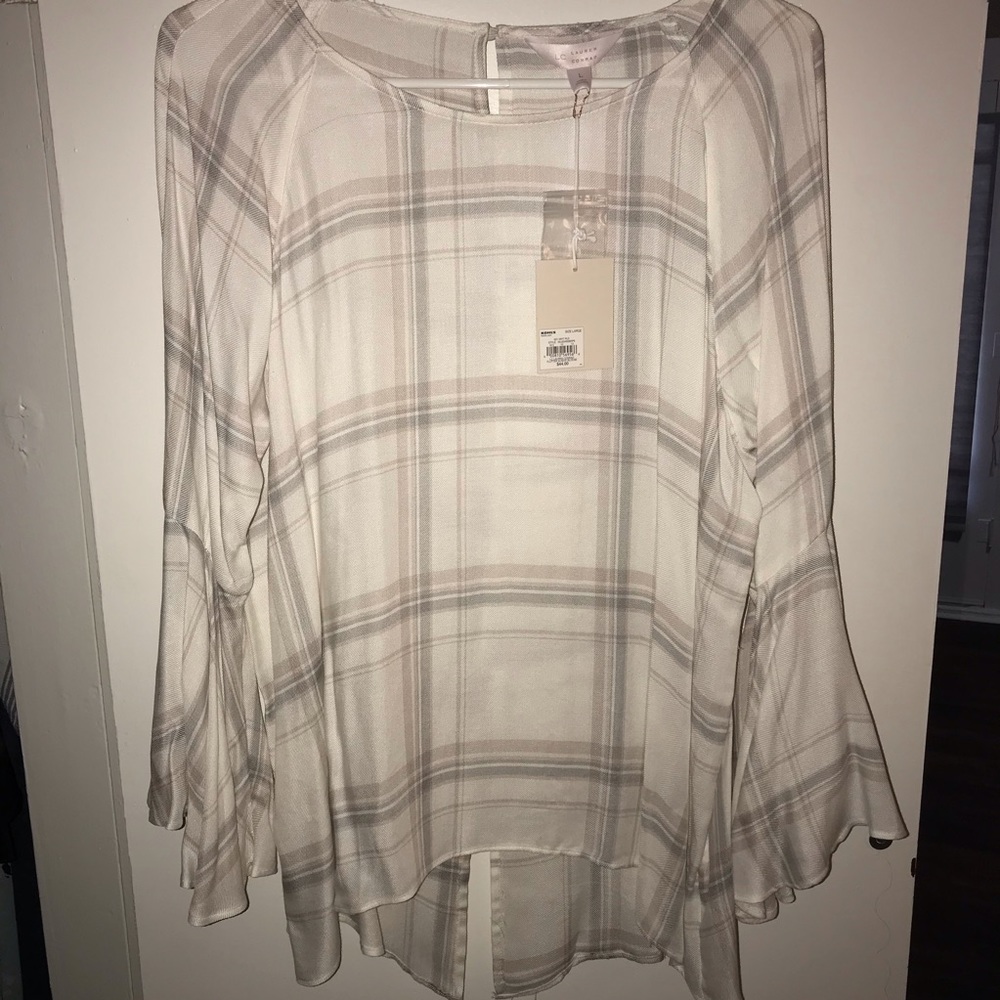 NWT: White/gray/ tan bell sleeve shirt
